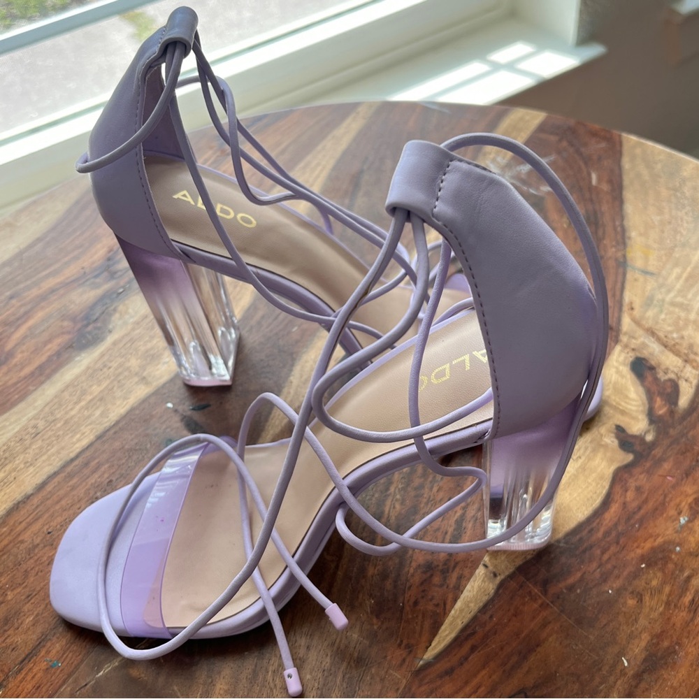 Aldo Lavender Strappy Heels with Clear Block Heel